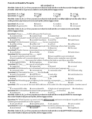 Đề luyện thi vào Lớp 10 môn Tiếng Anh - Đề số 10 - Thương Đào (Có đáp án)